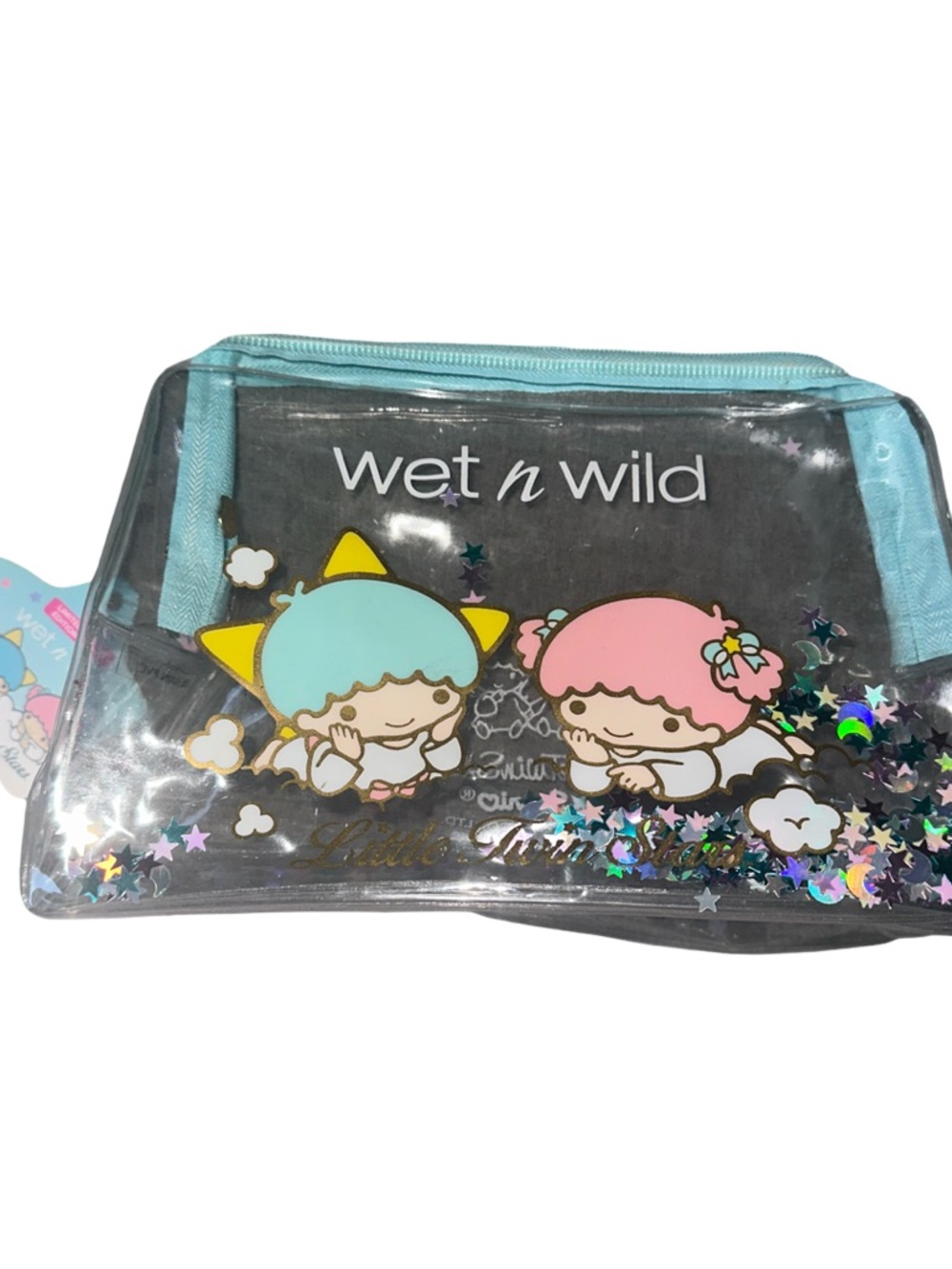 wet n wild Clear Cosmetic Pouch with Aqua Trim and Pink Character